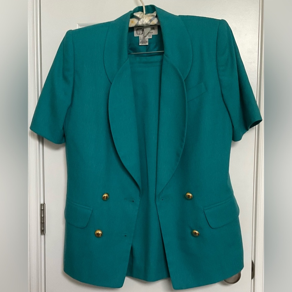Elegant Teal Women's Blazer with Gold Buttons and skirt